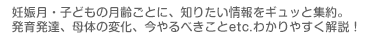 妊娠月・子どもの月齢ごとに、知りたい情報をギュッと集約。発育発達、母体の変化、今やるべきことetc.わかりやすく解説！